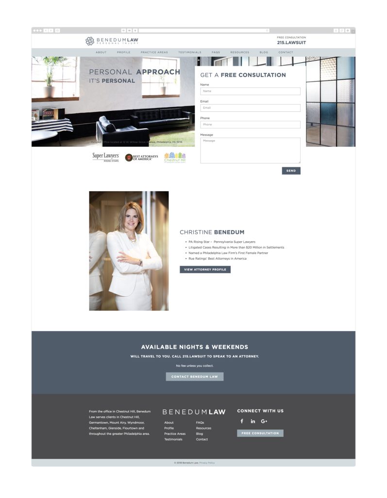 Custom WordPress web design for Benedum Law in Philadelphia by Wicky Design