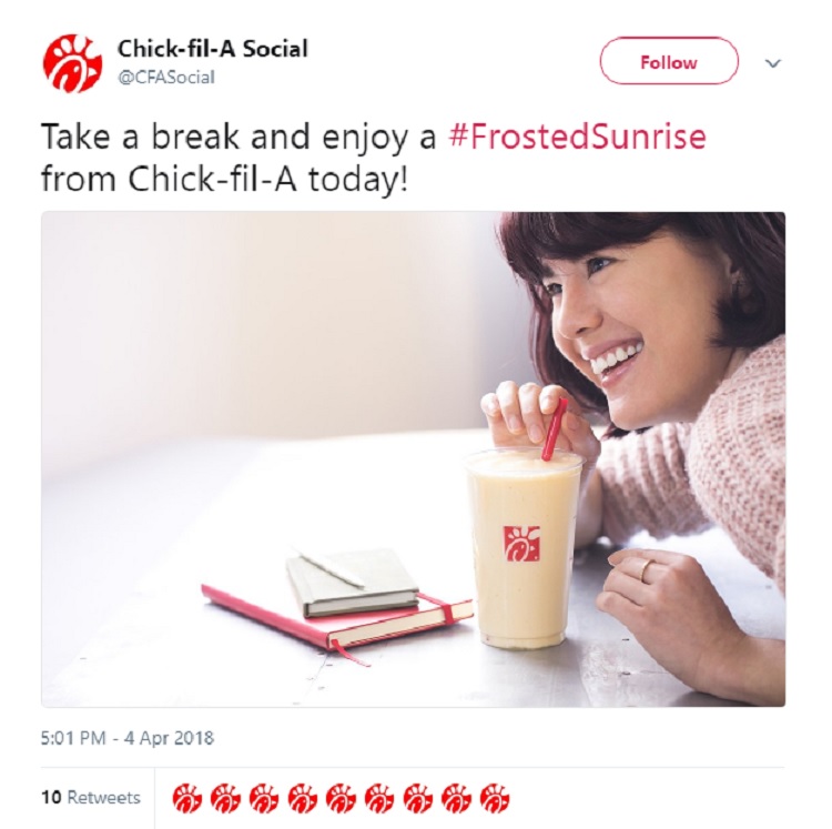 Chick-fil-A uses #FrostedSunrise to talk about their new shake.