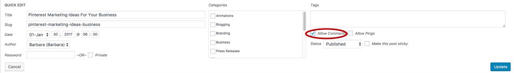 Allowing comments on your post via WordPress quick edit