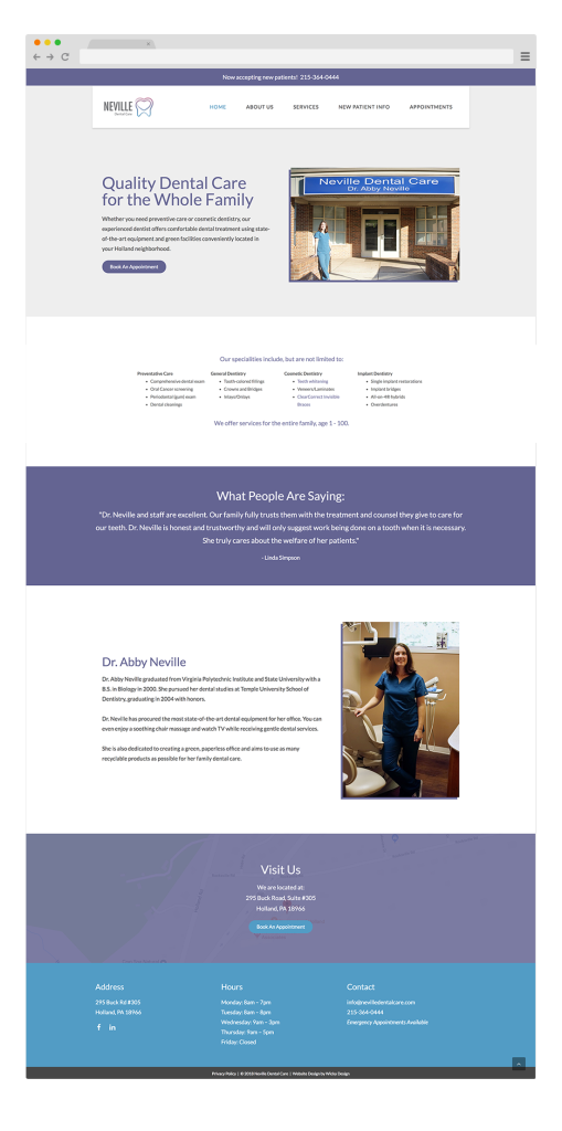 Wordpress website design for Neville Dental Care in Bucks County, PA.