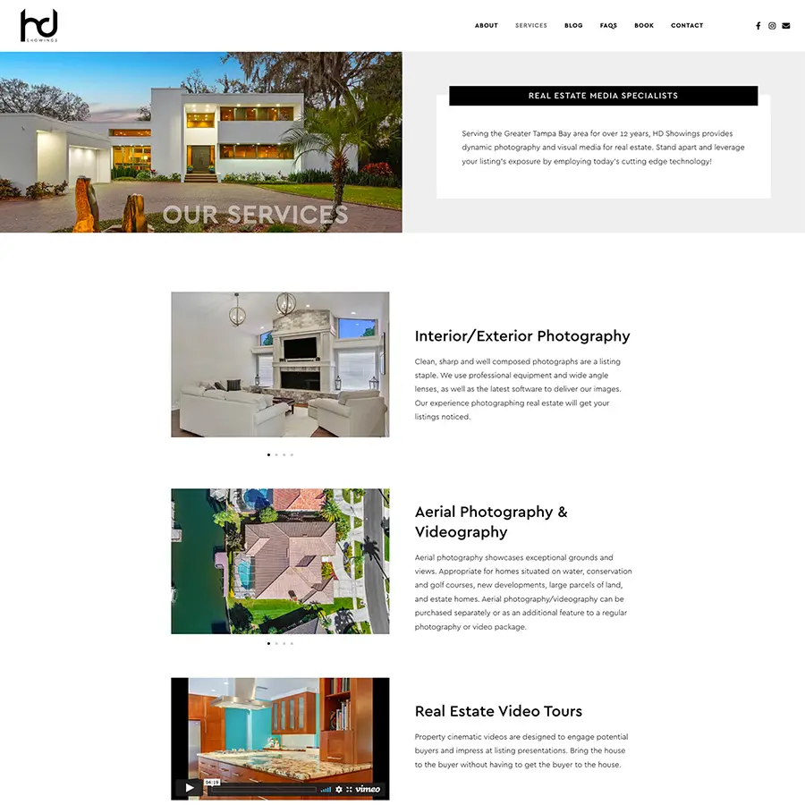 HD Showings Services page designed by Wicky Design Philadelphia