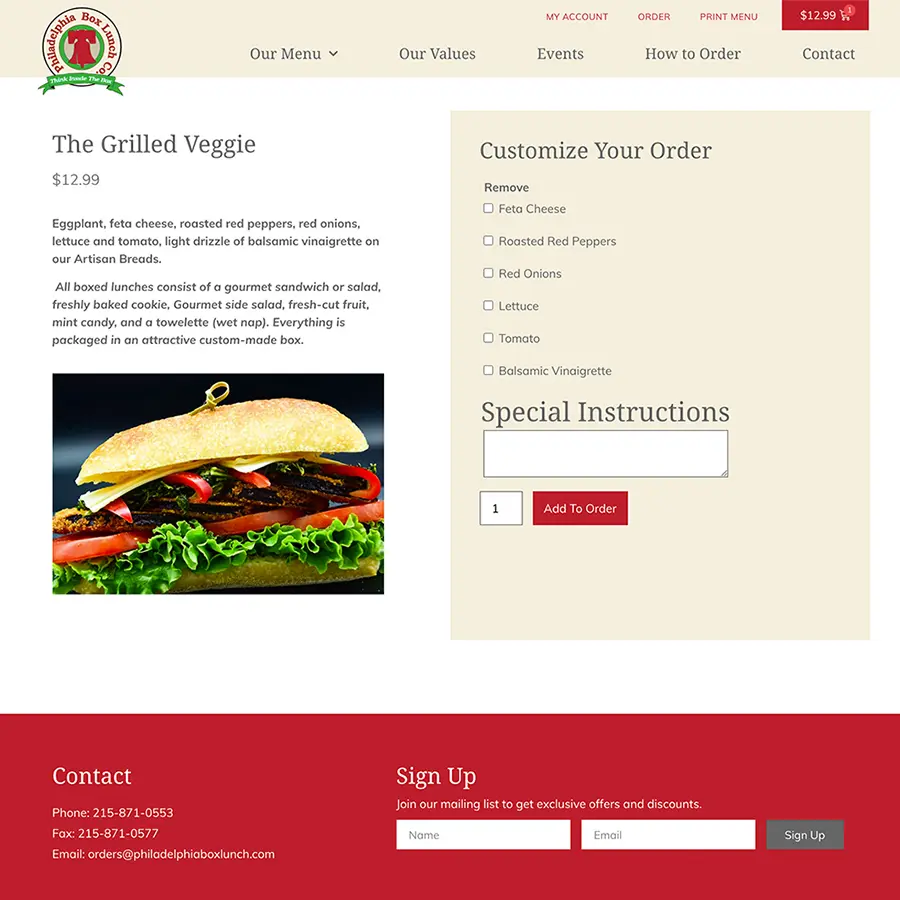 Philadelphia box lunch customize order screen